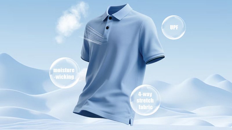 An icon-based graphic showcasing moisture-wicking, UV protection, and 4-way stretch features