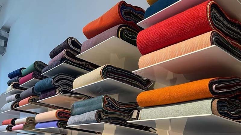 Sustainable Fabric Technology A roll of fabric made from recycled materials with sustainability certification tags