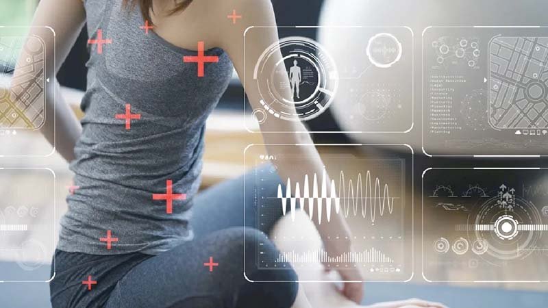 Sustainable and Smart Fabrics for Activewear a close-up of a futuristic bio-fabric swatch next to a plant in a science lab