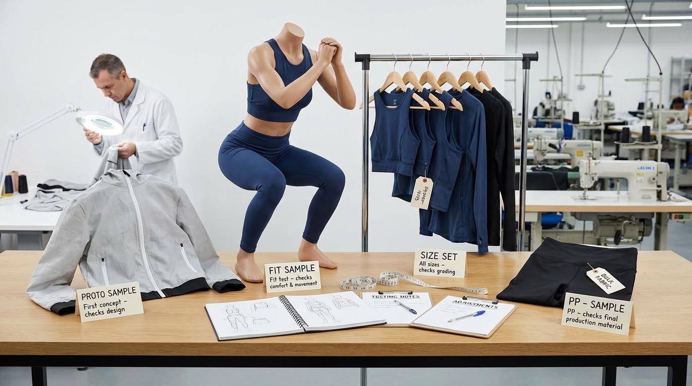 Proto sample, fit sample, PP sample, and size set in activewear development activewear sample types explained