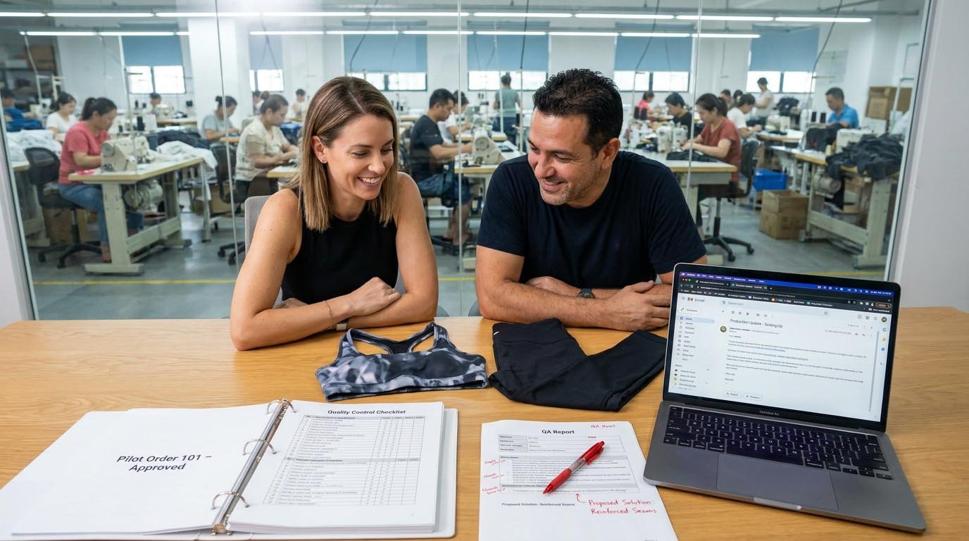 Trial order and scaling production with activewear manufacturer Building manufacturer relationship through pilot production