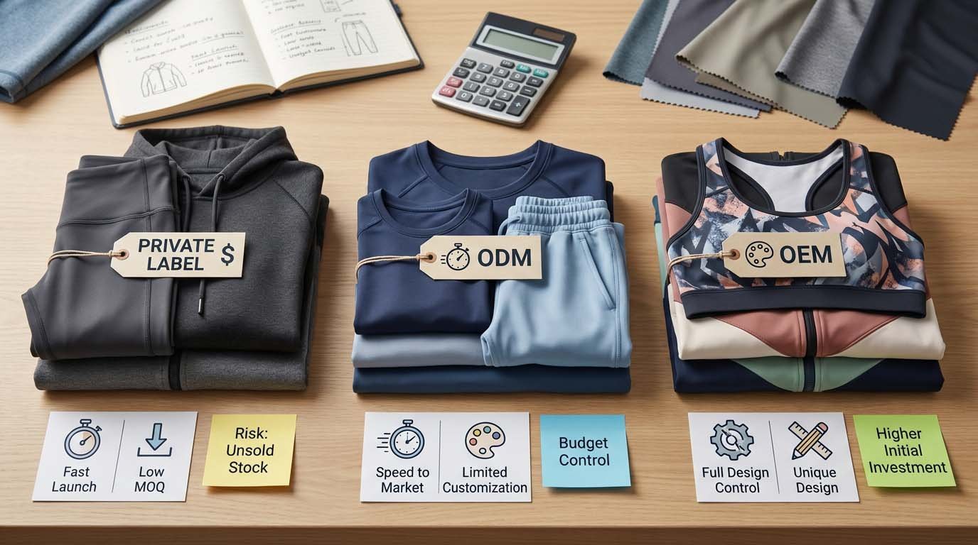 Private Label vs ODM vs OEM activewear manufacturing models private label odm oem activewear comparison
