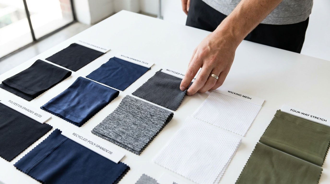 Comparing activewear fabric swatches Close-up of activewear fabric swatches showing stretch, texture, weight, and finish differences