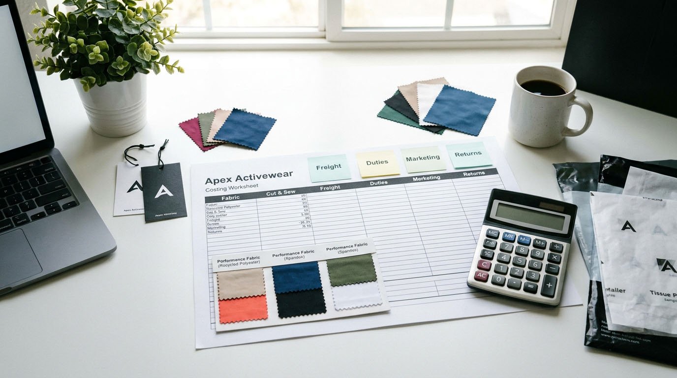Estimating activewear landed cost Costing worksheet for activewear brand startup including production, freight, duties, and packaging