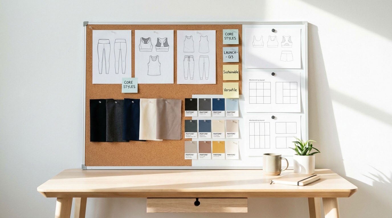 First activewear collection planning Early activewear collection planning board showing core launch styles, color options, and merchandising layout