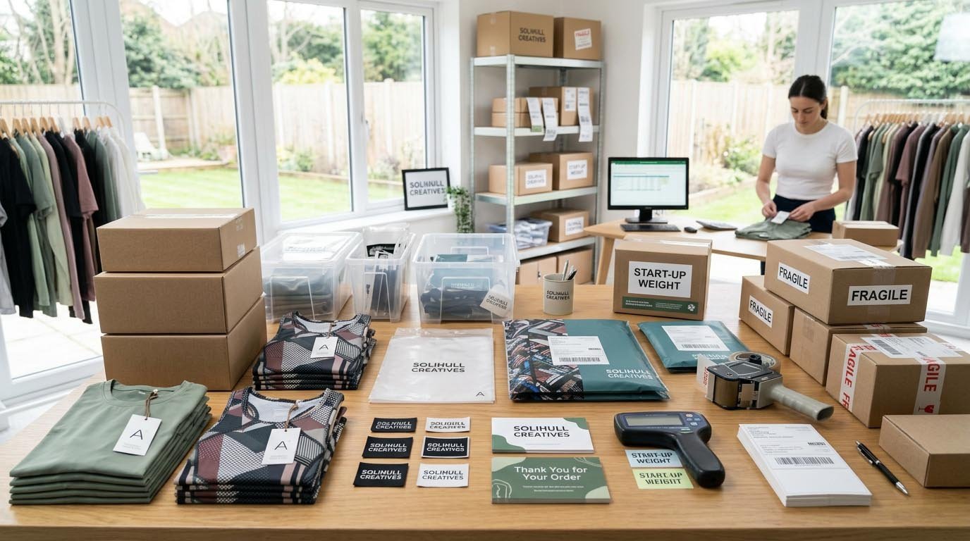 Packaging and logistics costs for activewear startups Packaging setup for an activewear brand including hangtags, labels, poly bags, and shipping materials