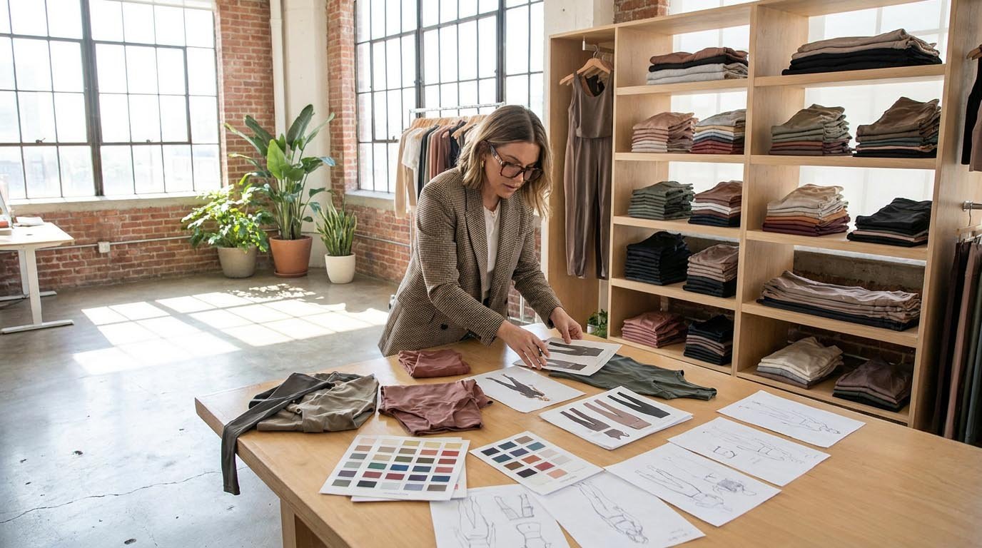 Planning a new activewear brand launch Founder reviewing activewear samples, fabric swatches, and product sketches before launch