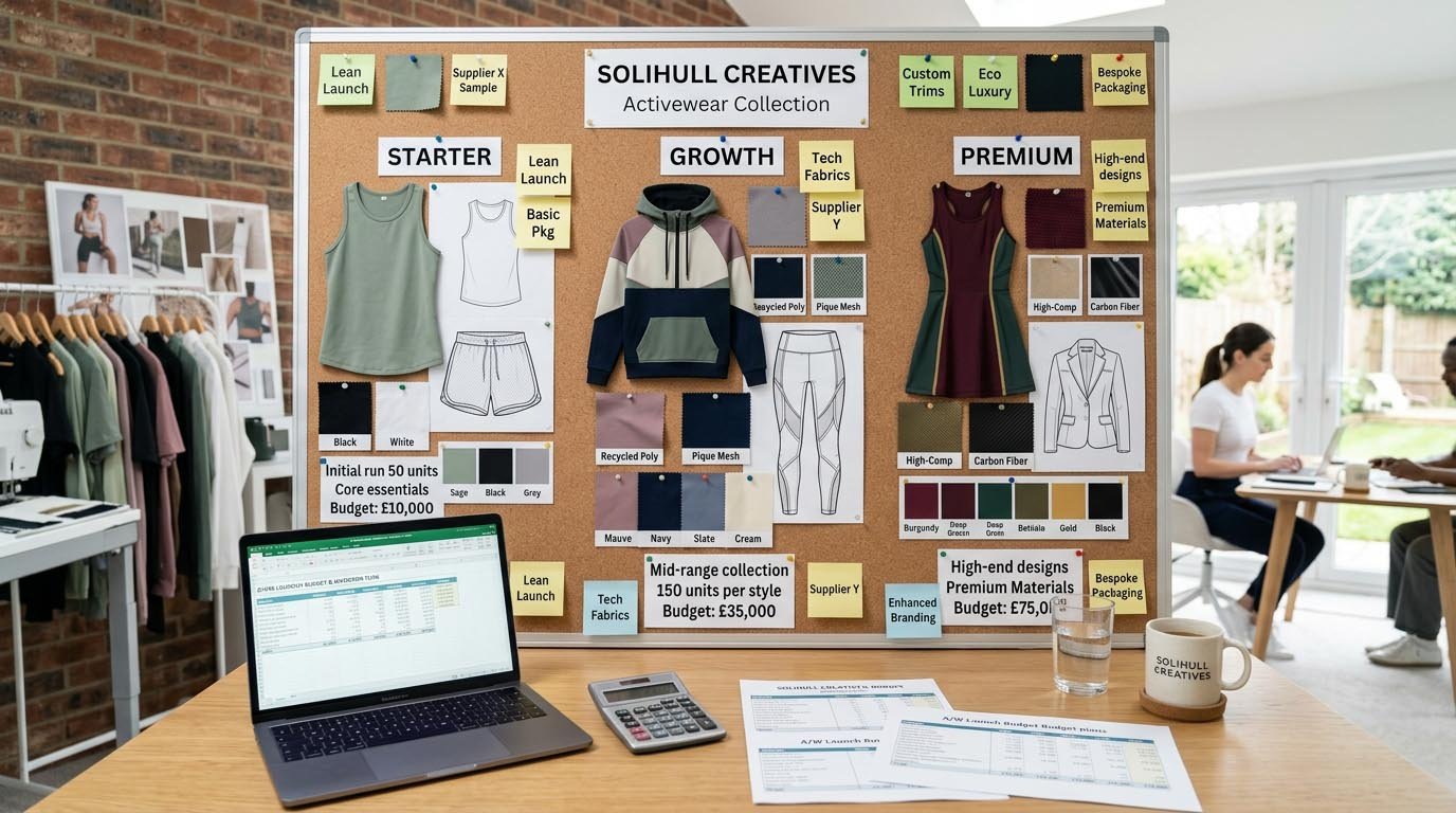 Planning the first activewear collection by budget tier Line planning board for an activewear startup showing first collection styles, colors, and launch budget tier