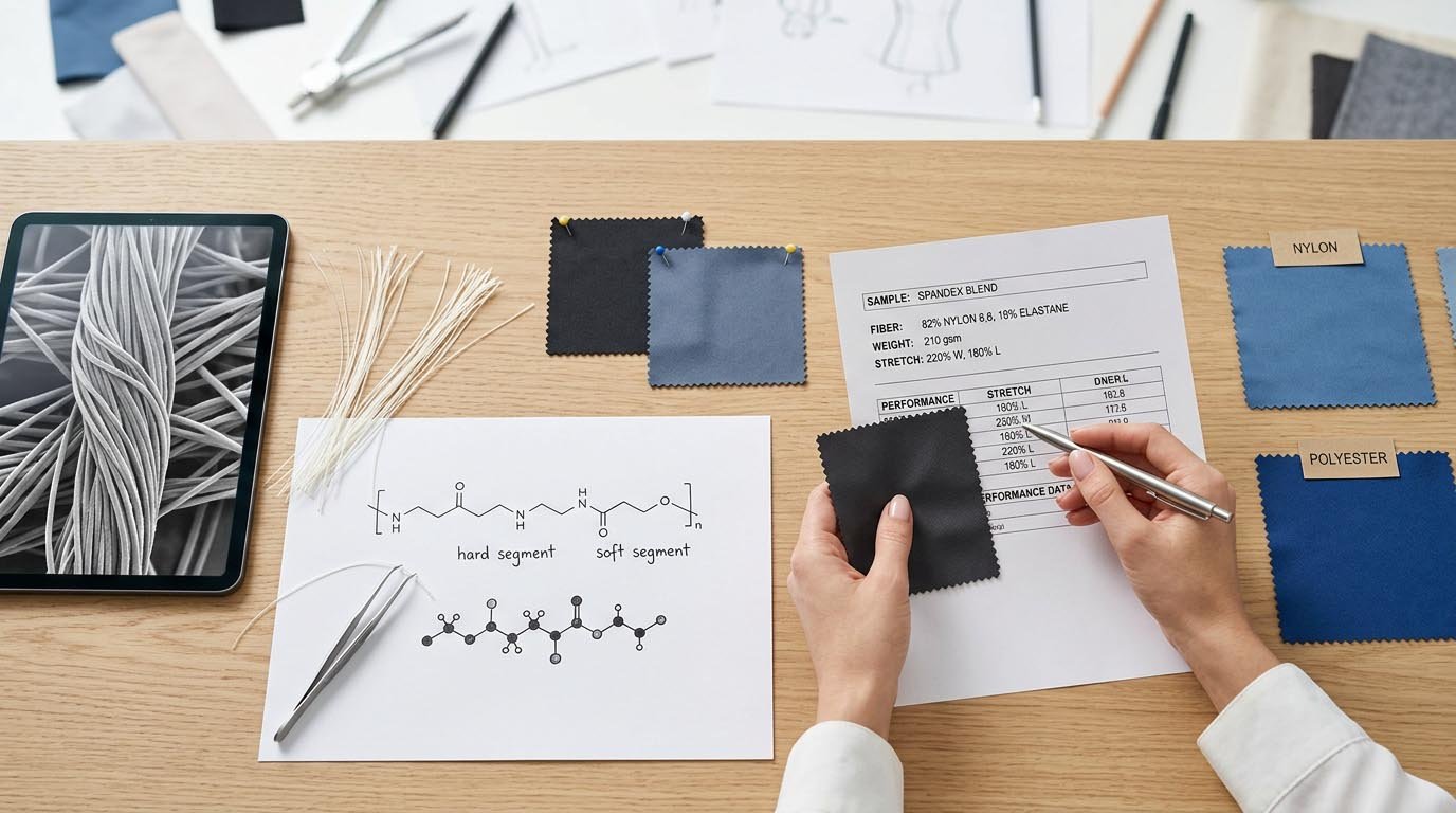 Chemical structure of spandex elastane polyurethane Polyurethane polymer chain structure in spandex fiber