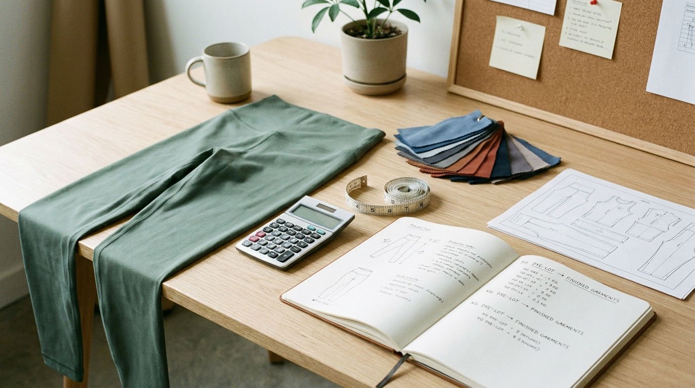 Activewear Dye Batch to Finished Garment Quantity Calculation Fabric yield calculation showing dye batch kilograms converted into finished yoga leggings