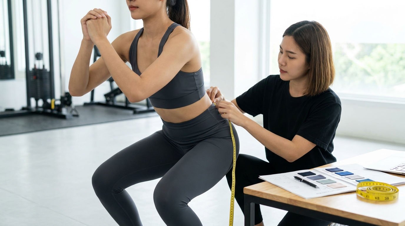 Activewear Fit Sample Movement Testing Activewear fit sample testing leggings waistband stretch and squat movement