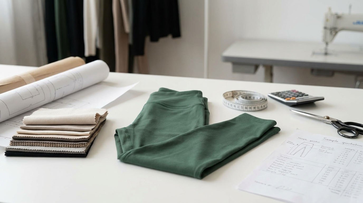 Activewear Sample Cost Breakdown Activewear sample cost breakdown with custom leggings, fabric swatches, patterns and sample quotation