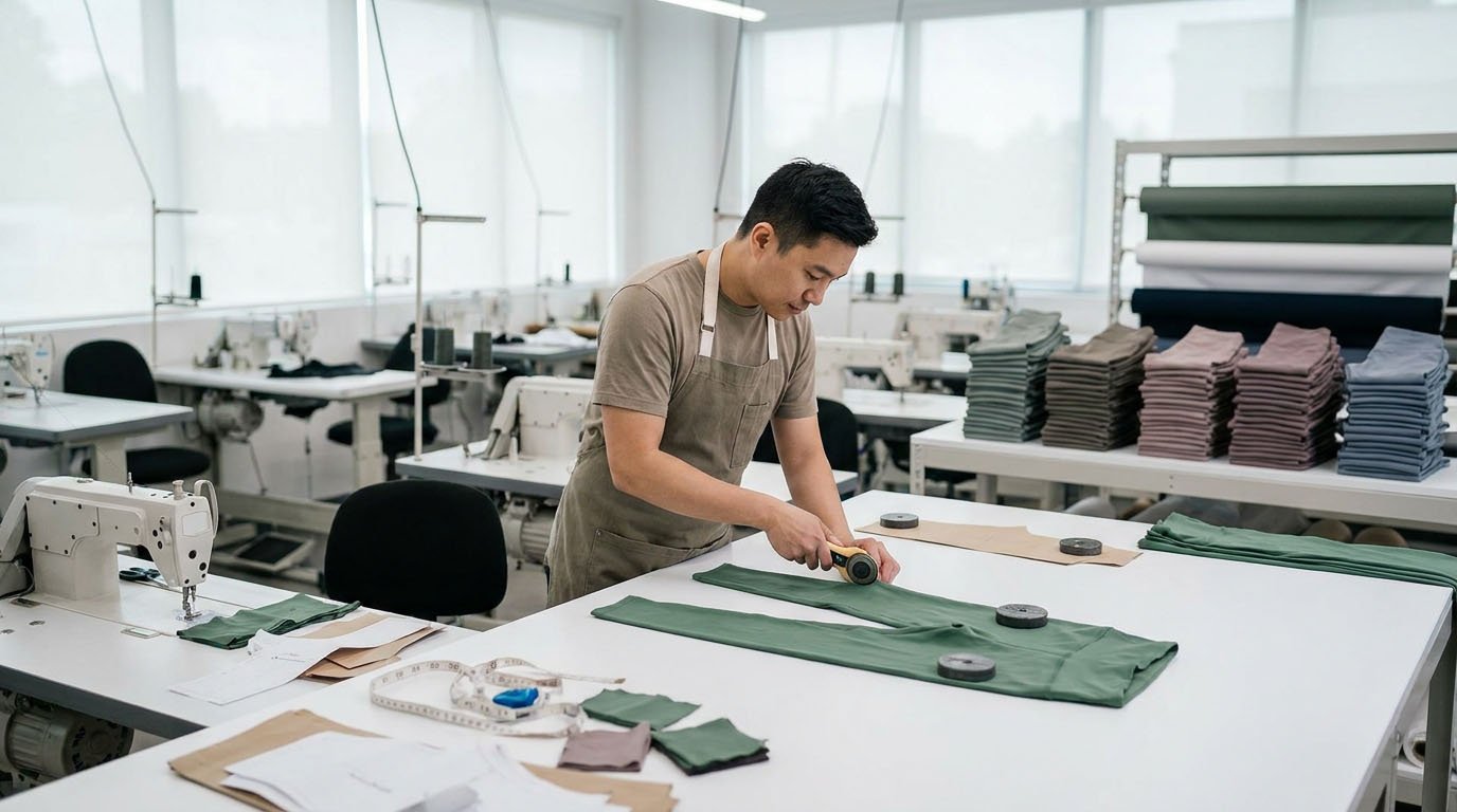 Activewear Sampling vs Bulk Manufacturing Activewear sample technician cutting and sewing custom leggings compared with bulk garment manufacturing