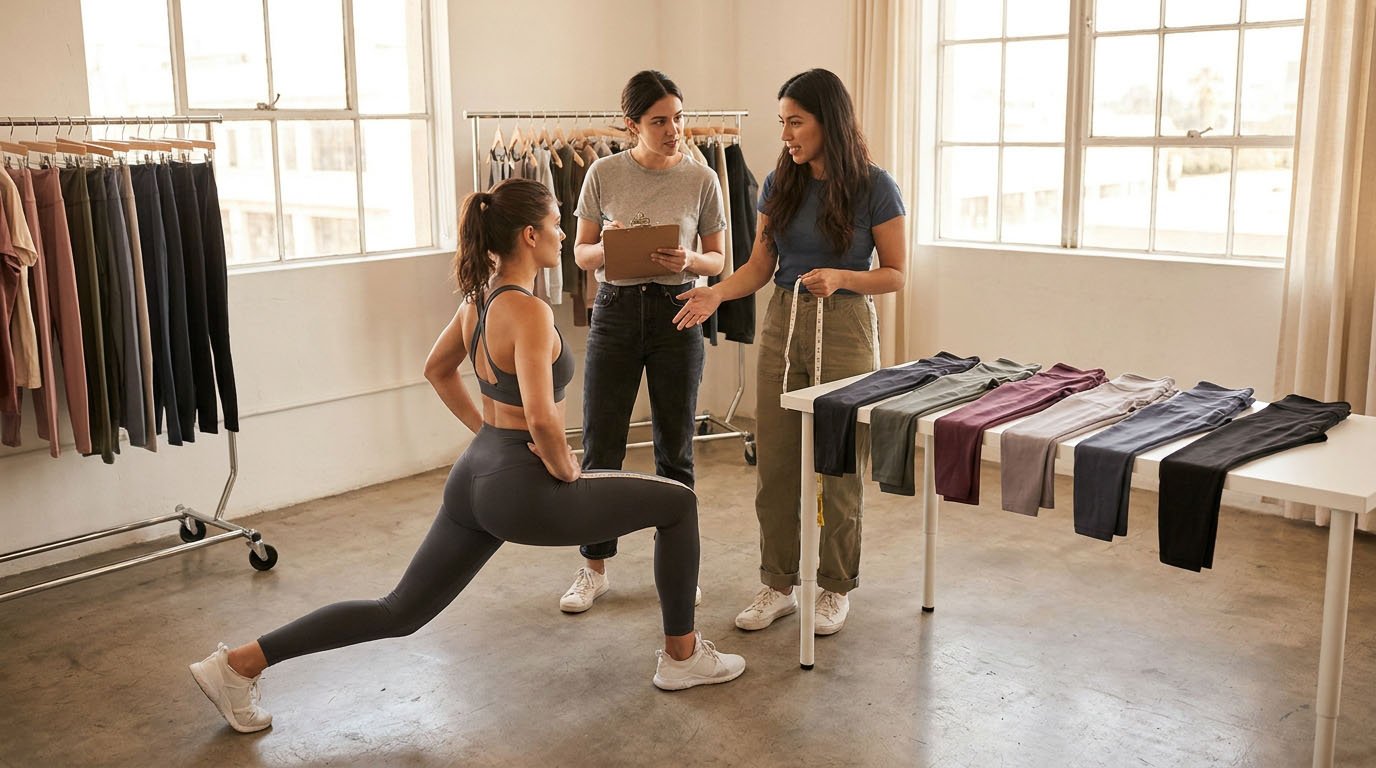 Activewear fit testing and size set sample review for leggings before bulk production