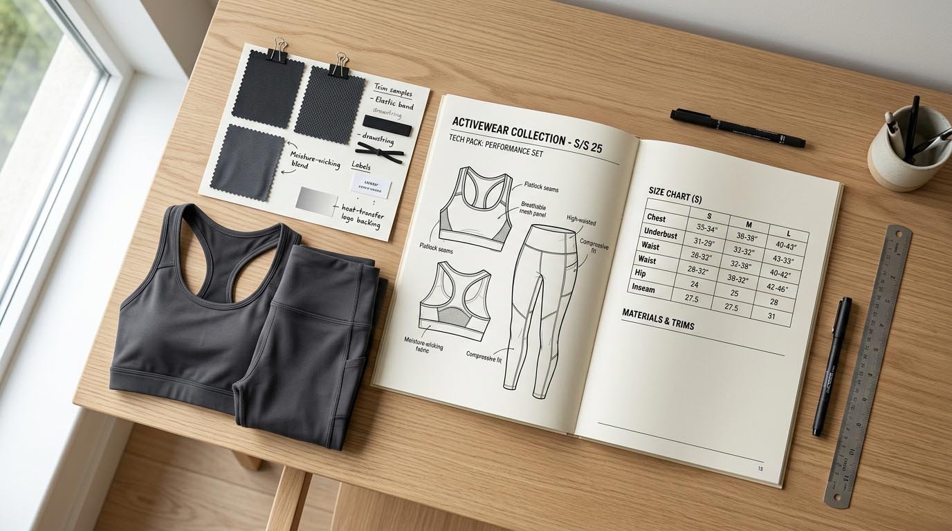 Activewear Tech Pack Guide Before Sampling Activewear tech pack guide with technical garment sketches and manufacturing specifications