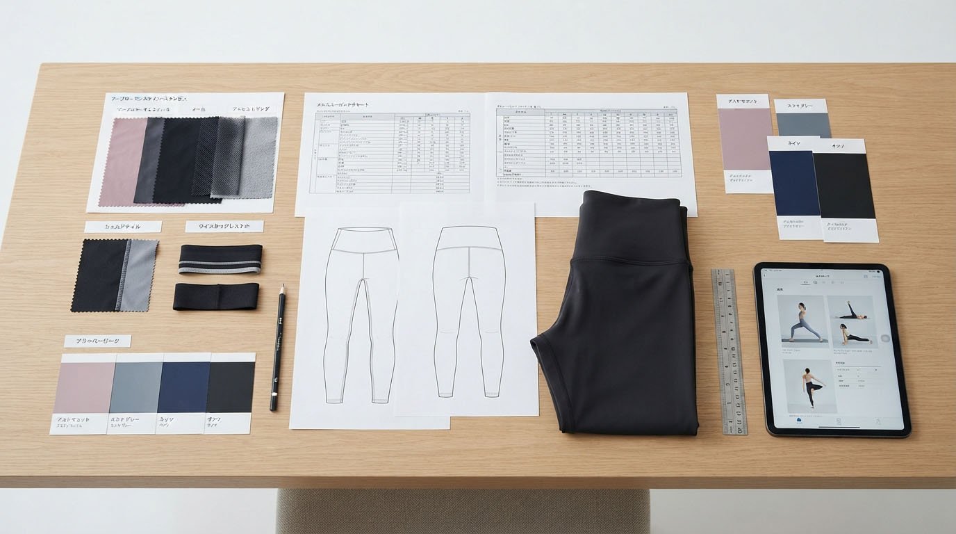 Activewear tech pack showing leggings flat sketches measurements and construction details
