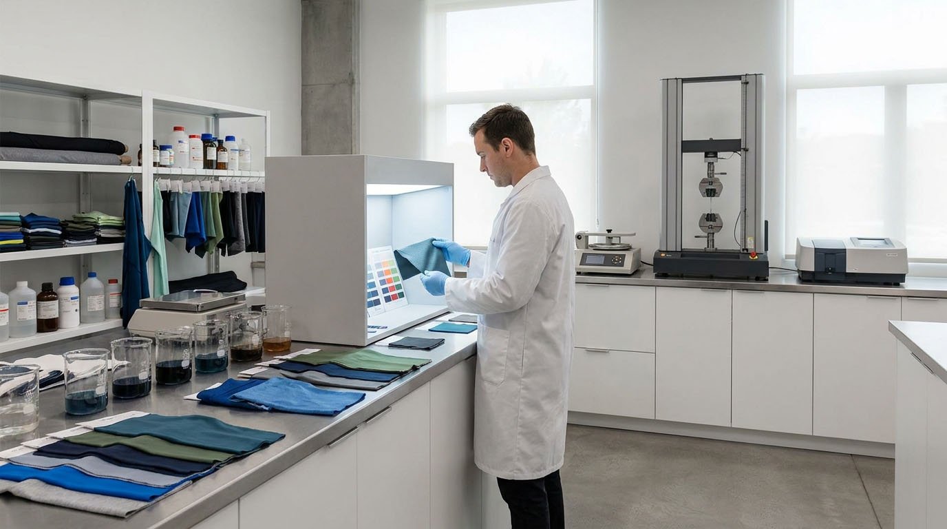 Custom Fabric Lab Dip Approval and Activewear Quality Testing Custom activewear fabric lab dip samples and colorfastness testing in a textile laboratory