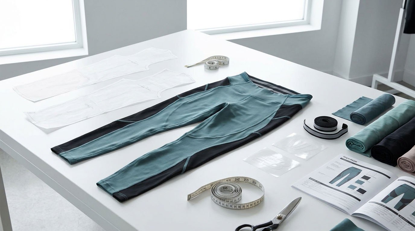 Factors Affecting Custom Activewear Sample Cost Custom activewear development with fabric swatches, technical patterns, leggings seams and logo samples
