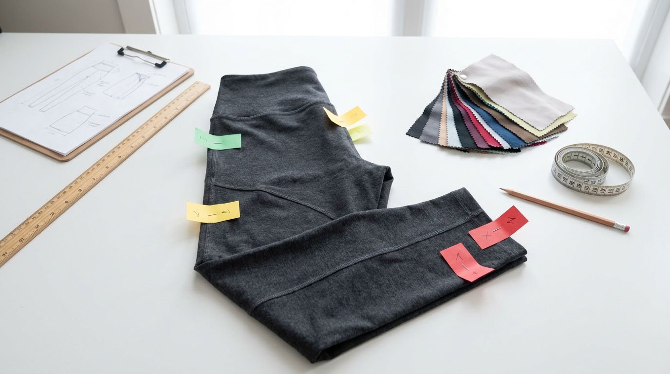 Annotated custom leggings reference sample showing keep change and ignore labels