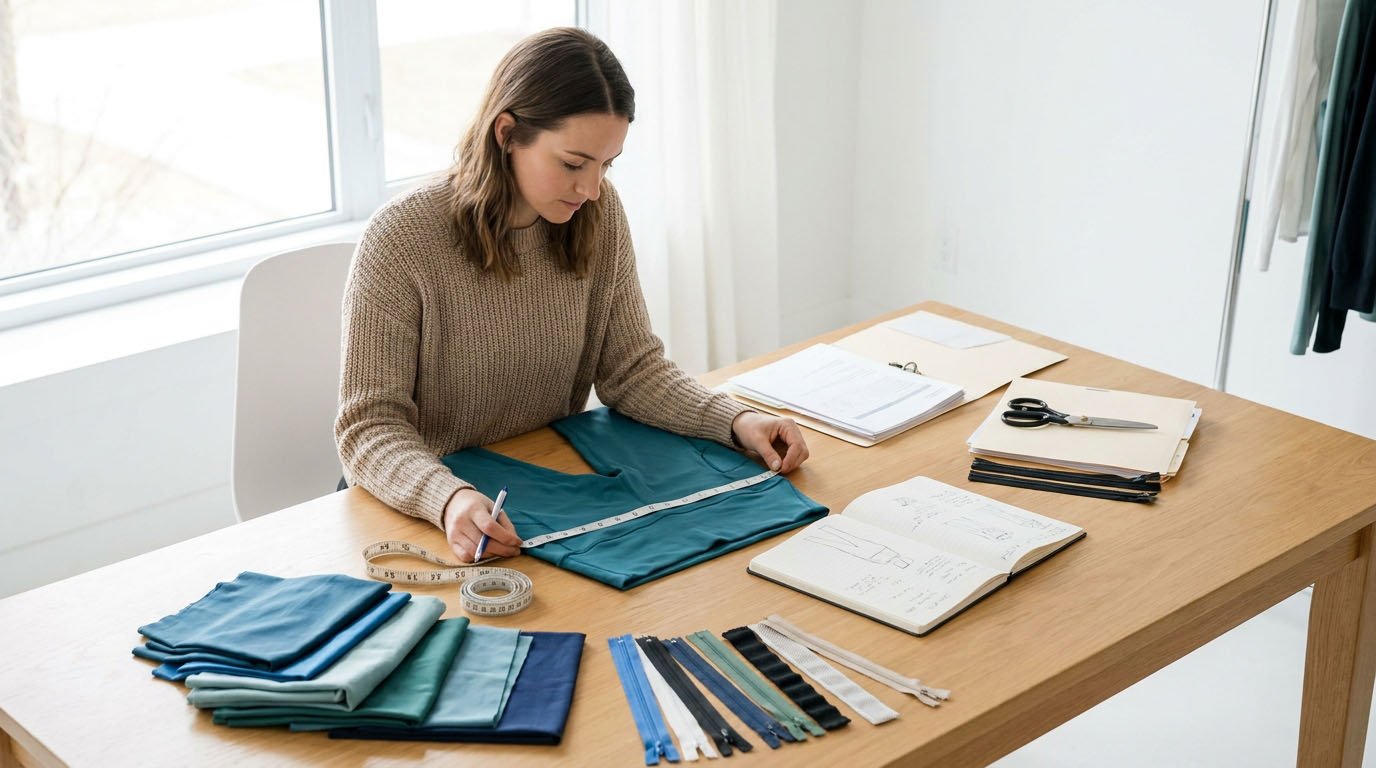 How to Reduce Activewear Sampling Costs Activewear brand developer reviewing leggings sample, fabric swatches and revision notes