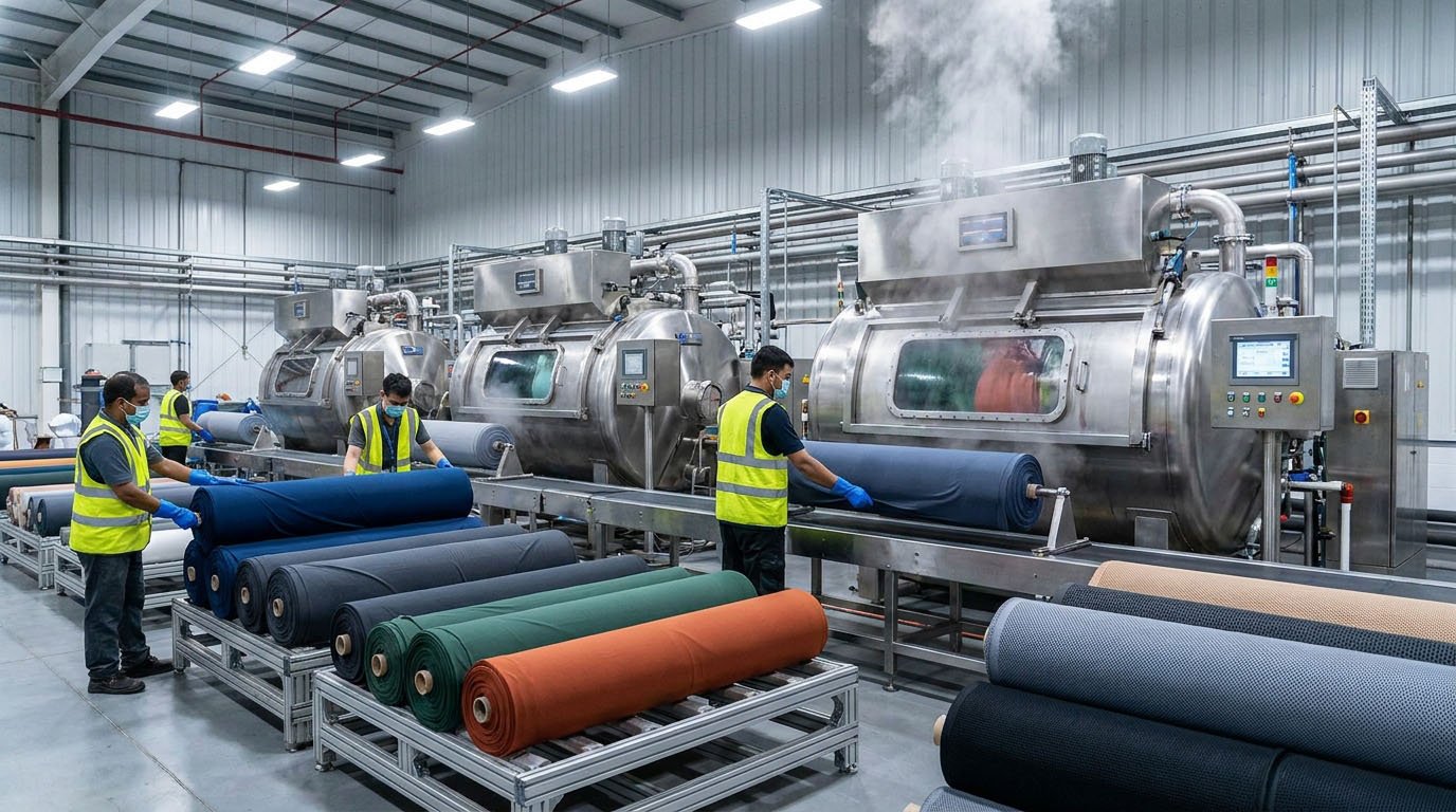 Industrial Fabric Dyeing Machines and Batch Requirements Industrial textile dyeing machines processing custom-colored activewear fabric