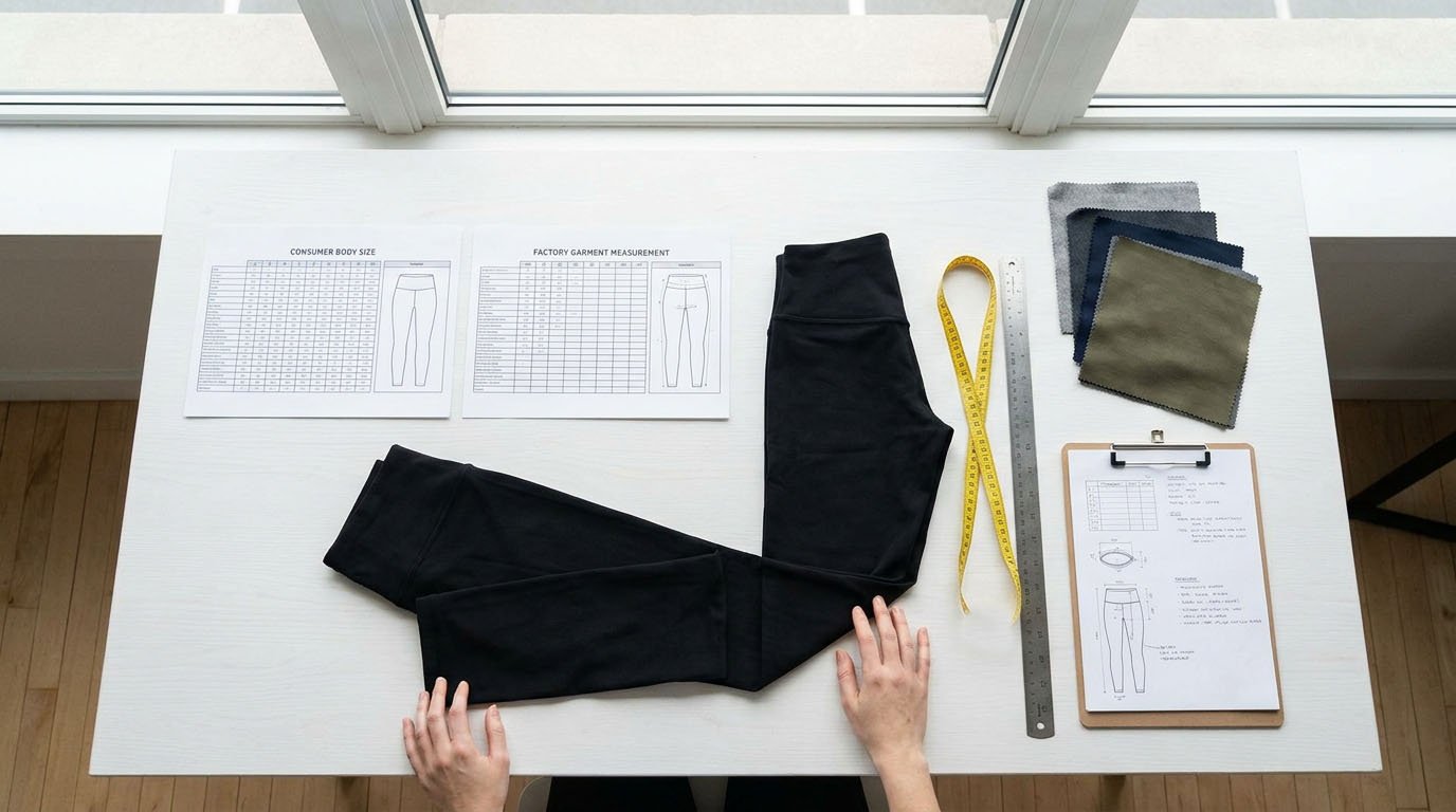 Activewear leggings finished garment measurement chart with waist width hip width front rise and inseam points