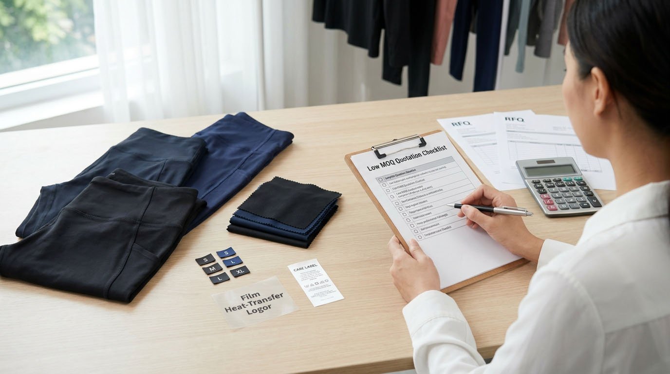 Low-MOQ Activewear Manufacturer RFQ Checklist Activewear manufacturer reviewing low MOQ quotation samples and fabric specifications
