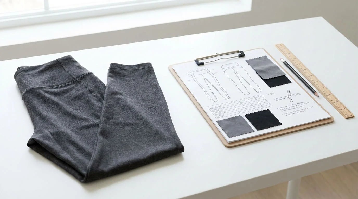 Physical activewear reference garment alongside technical sketches and measurements