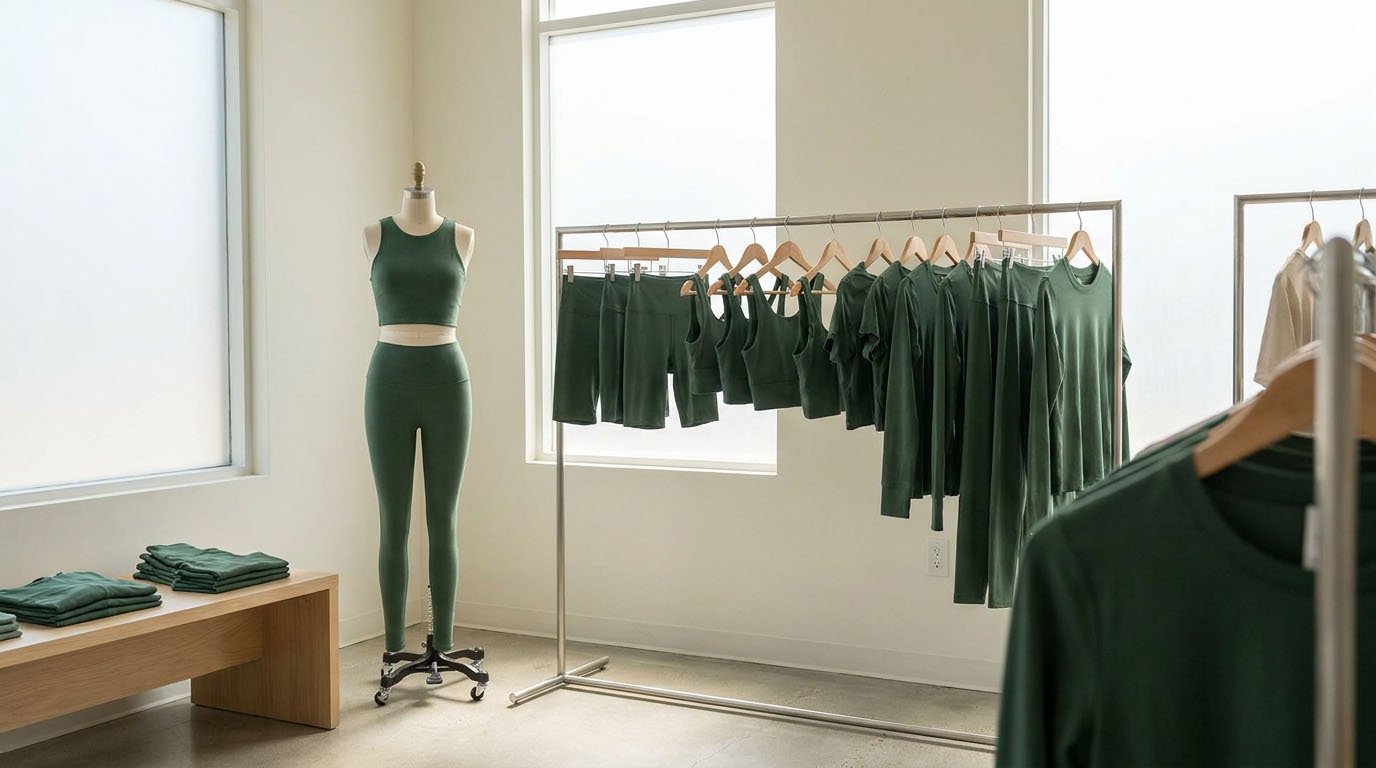Sharing Custom-Dyed Fabric Across Activewear Styles Matching yoga leggings bike shorts and crop tops sharing the same custom-dyed nylon spandex fabric